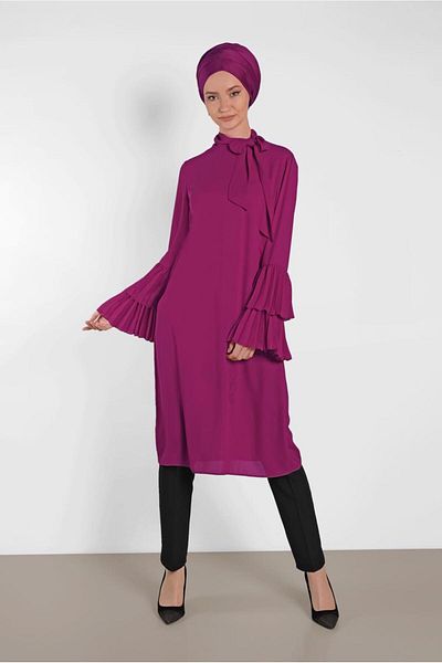 TRENDTESETTÜR Women's Purple (BEGONVİL) Sleeve Pleated Tunic 4285