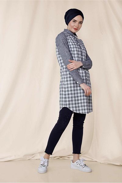 TRENDTESETTÜR Navy Blue Checked Women's Tunic - 4146