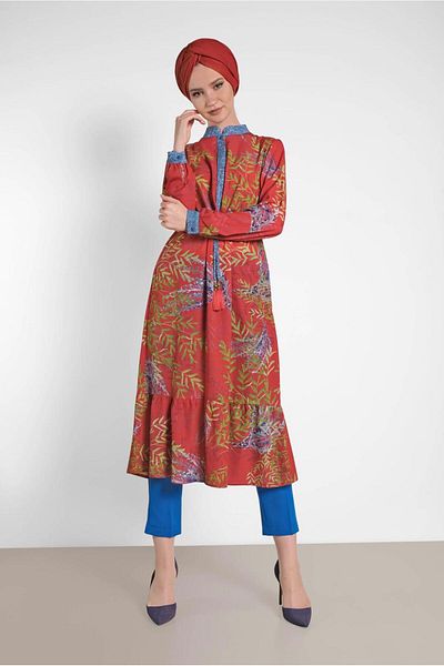 TRENDTESETTÜR Red Patterned Women's Drawstring Tunic - 4052