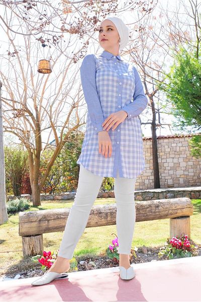 TRENDTESETTÜR Women's Blue Checkered Tunic - 4146