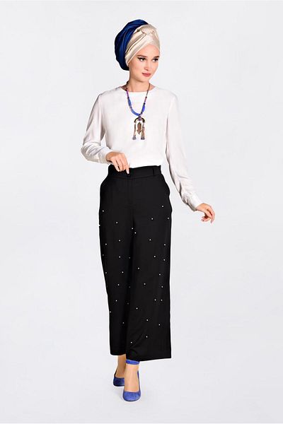 TRENDTESETTÜR Pantaloni largi de damă cu perle negre 7372