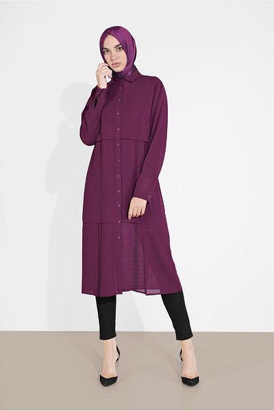 TRENDTESETTÜR Woman Purple (BEGONVIL) Long Button Chiffon Tunic T 4434