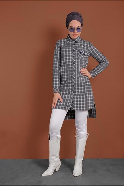 TRENDTESETTÜR Women's Navy Blue (NAVY-BROWN) Cotton Square Patterned Buttoned Tunic 4699