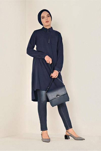 TRENDTESETTÜR Women's Navy Blue Front Zipper Detailed Men's Collar Suede Tunic 4698