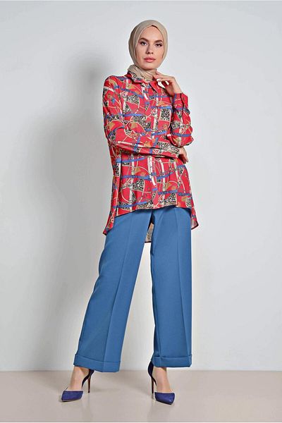 TRENDTESETTÜR Women's Red Skirt Flounce Mix Patterned Blouse 4116