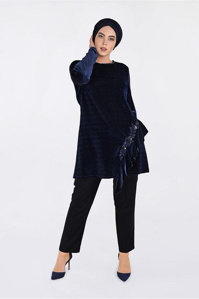 TRENDTESETTÜR Women's Navy Blue Ruffle Detailed Tunic 2756