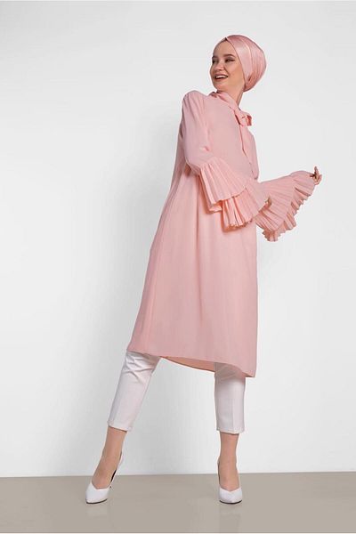TRENDTESETTÜR Women's Powder Sleeve Pleated Tunic 4285