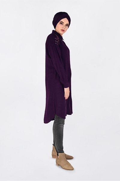 TRENDTESETTÜR Women's Purple Shoulder Embroidered Side Slit Tunic 4760