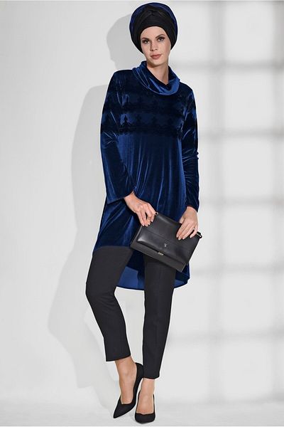 TRENDTESETTÜR Γυναικείο Navy Blue (INDIGO) Σάλι γιακά Δαντέλα Λεπτομερές τουνίκ 4870