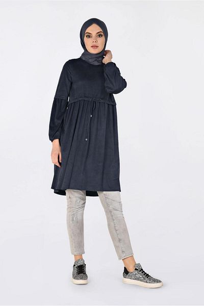 TRENDTESETTÜR Women's Navy Blue (DARK BLUE) Nubuck Tunic with Drawstring Waist 4791