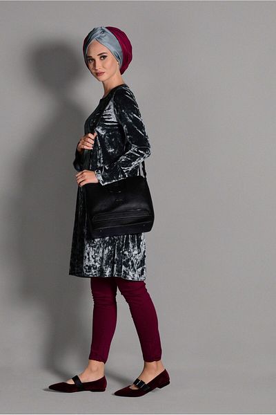 TRENDTESETTÜR Women's Gray Velvet Tunic with Flywheel Sleeves 4825