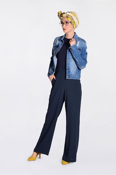 TRENDTESETTÜR Women's Navy Blue High Waist Pocket Loose Trousers 7340
