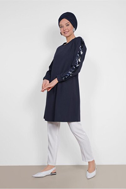 TRENDTESETTÜR Navy Blue Sequined Sleeves Women's Tunic 4159