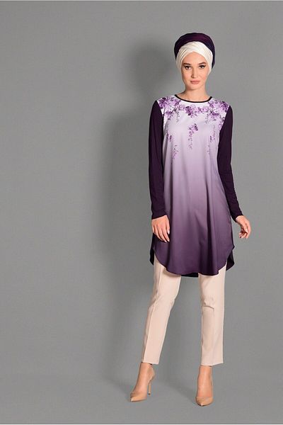 TRENDTESETTÜR Women's Purple (K.PURPLE) Print Detailed Crew Neck Tunic 4623