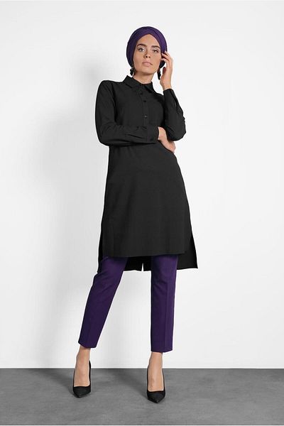 TRENDTESETTÜR Women's Black Shirt Collar Buttoned Tunic 40183