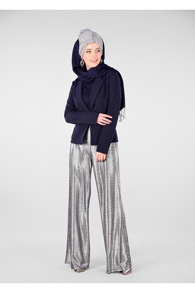 TRENDTESETTÜR Women's Navy Blue (DARK BLUE) Bead Detailed Blazer Jacket 4978