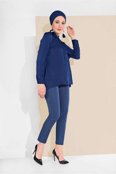 TRENDTESETTÜR Women's Navy Blue Buttoned Classic Trousers 7577