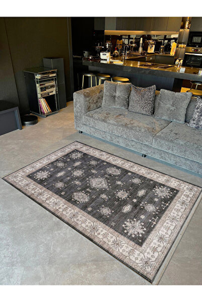 Rugs Modern Halı Asya Koleksiyonu Siyah Gri Bej Antik Desenli Dokuma Taban Mo...