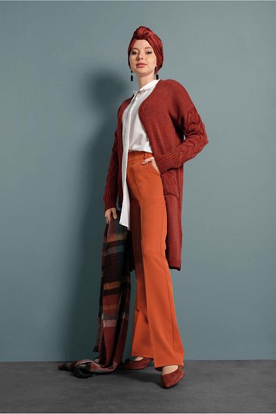 TRENDTESETTÜR Women's Brown (TILE) Intermediate Waist Fabric Trousers 7523