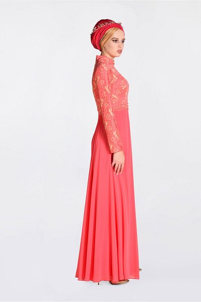 TRENDTESETTÜR Women's Coral Laced Evening Dress 5521