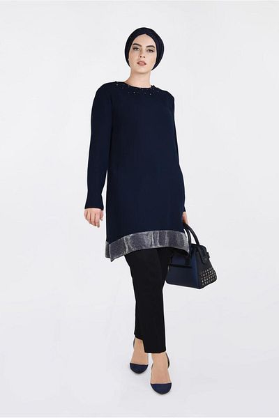 TRENDTESETTÜR Navy Blue Glitter Stripe Women's Tunic - 2822