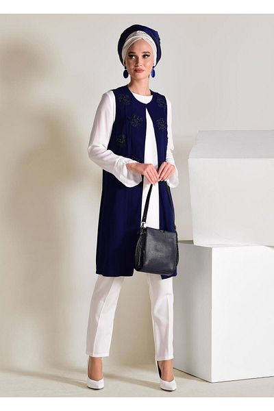 TRENDTESETTÜR Women's Navy Blue Embroidered Guipure Detailed 2-Piece Tunic 4278