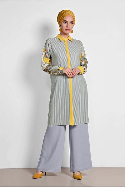 TRENDTESETTÜR Women's Gray Striped Patterned Tunic 4113