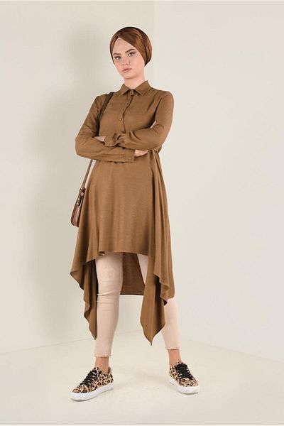TRENDTESETTÜR Women's Tan Asymmetric Cut Gathered Waist Tunic 4631