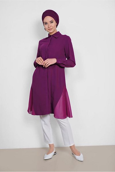 TRENDTESETTÜR Women's Purple (BEGONVİL) Tunic with Tulle Detail on the Sides 4060