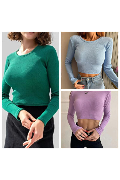 Lorya Giyim Pachet de 3 bluze crop pentru femei, 100% bumbac, cu mânecă lungă...