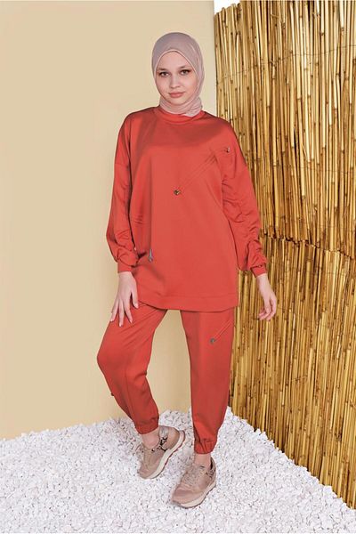 TRENDTESETTÜR Women's Orange (ORANGE) Drawstring Detailed Double Trousers Suit 57402
