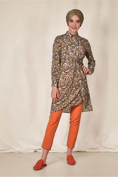 TRENDTESETTÜR 4115 Patterned and Waist Drawstring Tunic
