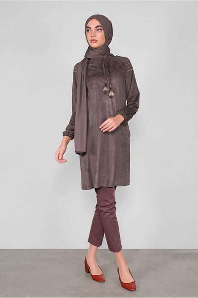 TRENDTESETTÜR Women's Gray Lace-up Collar Tunic 40263