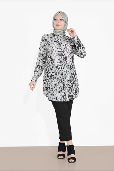 TRENDTESETTÜR Women's Black (BLACK-GRAY) Buttoned Patterned Tunic 2857