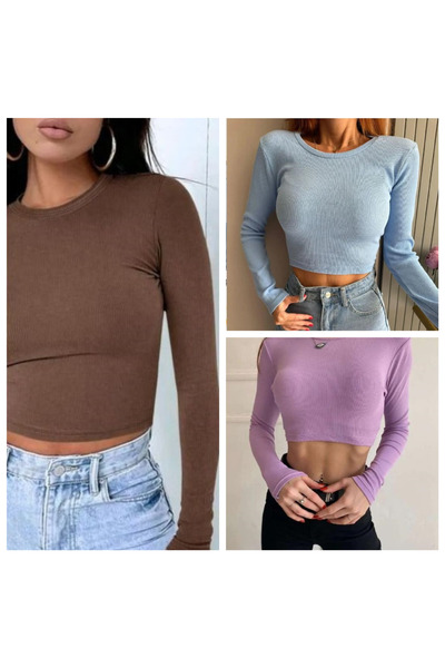 Lorya Giyim Pachet de 3 bluze crop pentru femei, 100% bumbac, cu mânecă lungă...
