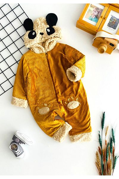DERİNBEBE Cheerful Babies Inside Welsoft Outside Velvet Hooded Panda Jumpsuit Mustard