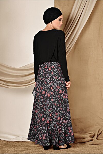TRENDTESETTÜR Women's Black Floral Print Flywheel Skirt - 6331