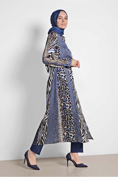 TRENDTESETTÜR Navy Blue Saks Mix Patterned - Waist Tied Women's Tunic 4086