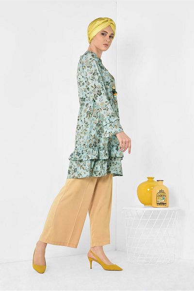 TRENDTESETTÜR Tunica albastra (AQUA) pentru femei cu tiv si maneci cu volane 4971