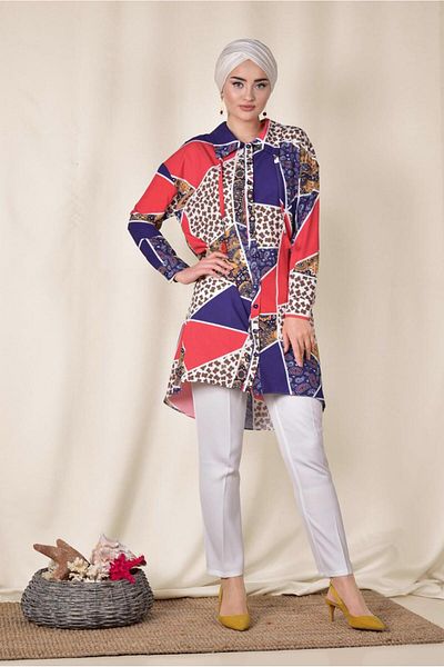 TRENDTESETTÜR Women's Navy Blue (SAKS) Colorful Patterned Front Button Tunic 4983