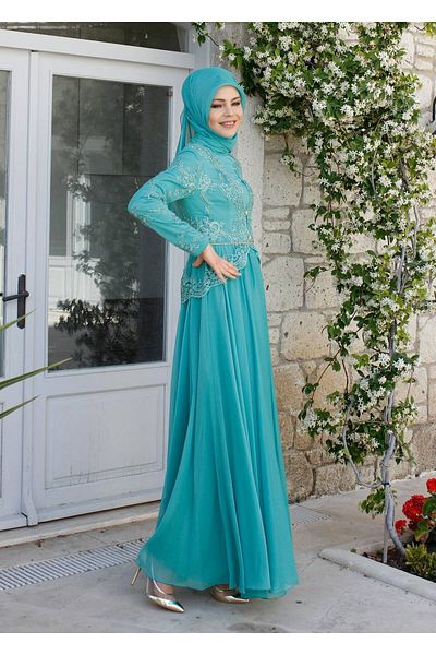 TRENDTESETTÜR Γυναικείο Πράσινο (MINT) Βραδινό Φόρεμα με Λεπτομέρεια από Ύφασμα Κεντήματος 5033