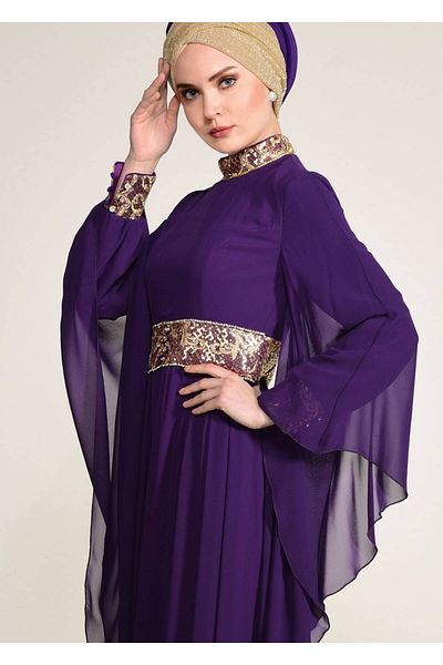 TRENDTESETTÜR Women's Purple Sleeves Flounced Judge Collar Multi Chiffon Evening Dress 5410