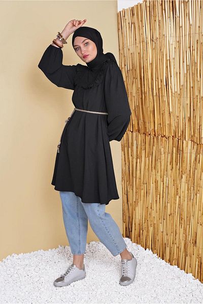 TRENDTESETTÜR Women's Black Wicker Belted Flounce Tunic - 0281