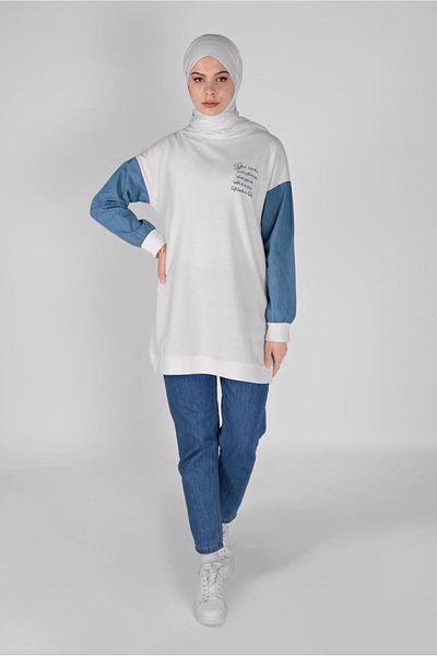 TRENDTESETTÜR Women's Cream Sleeves Denim Tunic 8856