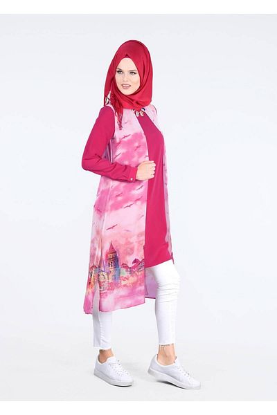 TRENDTESETTÜR Women's Fuchsia T 4401 Criss Hijab Tunic
