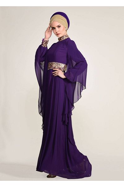 TRENDTESETTÜR Women's Purple Sleeves Flounced Judge Collar Multi Chiffon Evening Dress 5410