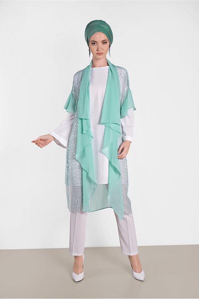 TRENDTESETTÜR Women's Green (MINT) Sequined Mesh Detailed Chiffon Vest 4314