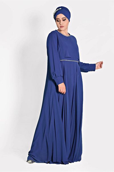 TRENDTESETTÜR Women's Navy Blue (SAKS) T 5323 New Multi Chiffon 2-Piece DressEvening Dress