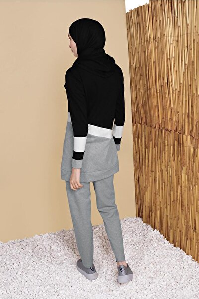 TRENDTESETTÜR Gray Color Stripe Detailed Women's Tracksuit Set - 0455