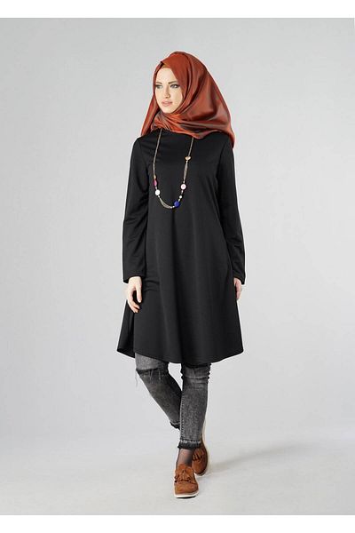 TRENDTESETTÜR Women's Black Basic Crew Neck Tunic 4810-2